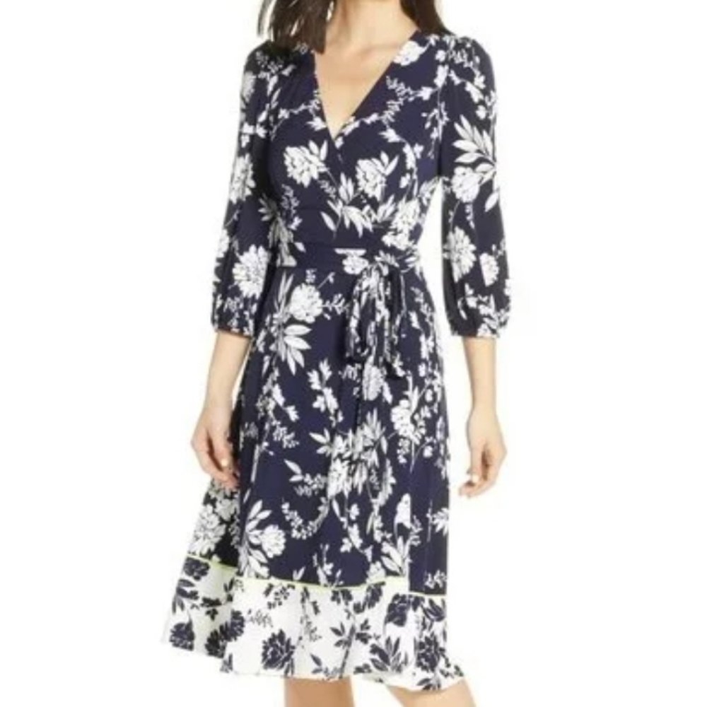 Eliza J Blue Floral Print Faux Wrap Dress With Contrasting Bottom